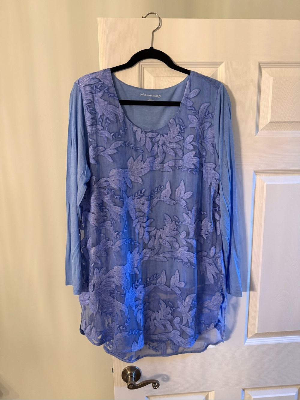 Soft Surroundings Dusty Blue Floral Embroidered Overlay Long-Sleeve Tunic